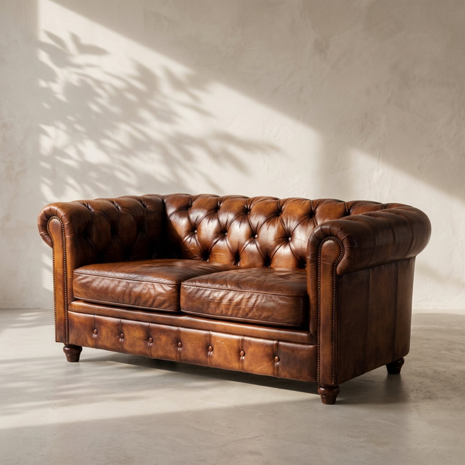 The Ashby, aged tan leather loveseat Chesterfield
