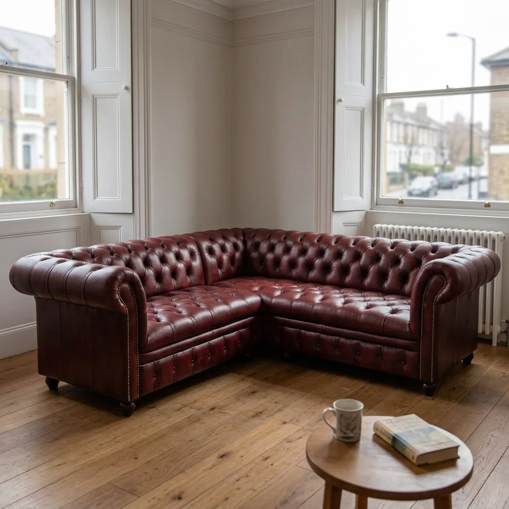 The Oakmere Corner, Tufted Bench seat, in Oxblood Red leather, in a UK living room corner