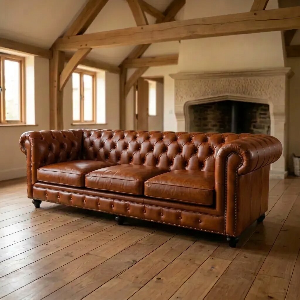 The Whitmore, aged tan 4-seater Chesterfield with individual seat cushions
